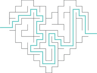 Vector heart shaped maze on transparent background with green line of solution. Path not expand. Love labyrinth for valentine's card, wedding video invitation. Success way. Abstract romantic design