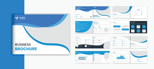 Blue corporate landscape brochure design template, business brochure 16 page vector