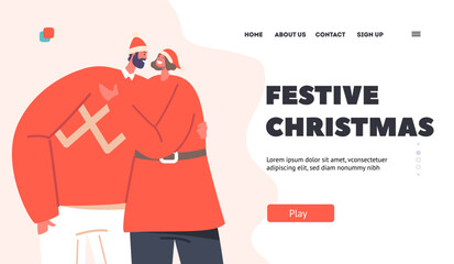 Festive Christmas Landing Page Template. Loving Couple Wear Xmas Costumes and Santa Hats Cuddle Vector Illustration