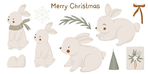 Winter Polar bunny, trees, Christmas trees, gift box, bow, snowflake illustration for design, cards, print, pattern, isolated on a transparent background