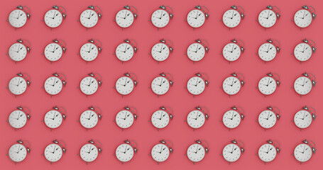 The pattern of an analog alarm clock showing eight in the morning on a living red background. Flat...
