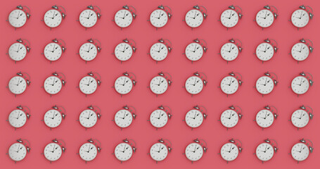 The pattern of an analog alarm clock showing eight in the morning on a living red background. Flat lay with copy space. 3d render