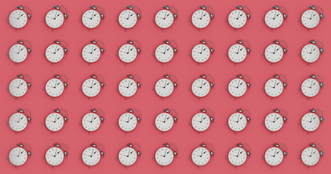 The pattern of an analog alarm clock showing eight in the morning on a living red background. Flat lay with copy space. 3d render