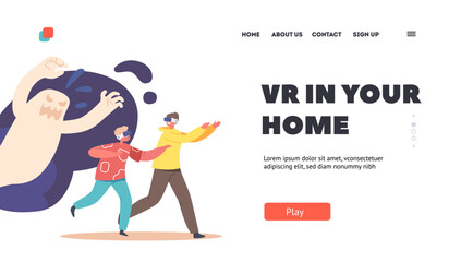 Futuristic Interactive Technology at Home Landing Page Template. Children In Vr Goggles Escape from Scary Monster