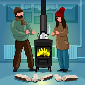 People Are Warmed By A Wood Burning Stove.