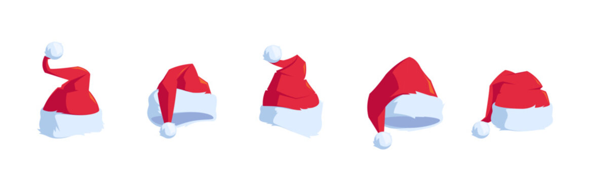 Set Funny Santa Hats, Winter Headwear with Fur Isolated Icons On White Background. Santa Claus Caps, Holiday Collection