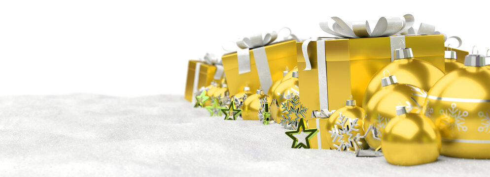 Isolated glossy christmas decoration lined up on white. 3D rendering yellow shiny baubles ornaments. Gifts with bows and glossy golden stars. Merry Xmas cut out background