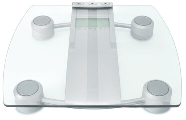 Modern digital glass scale for weight control diet isolated, partial transparency, minimum shadows