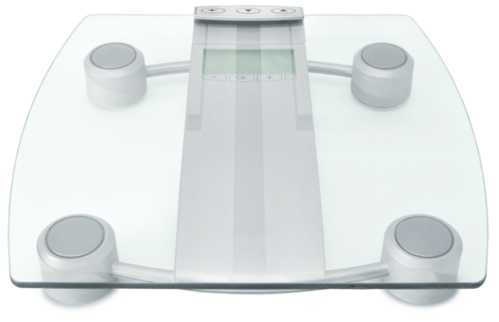 Modern digital glass scale for weight control diet isolated, partial transparency, minimum shadows