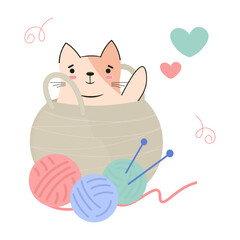 A cute cat sits in a knitting basket. Red funny cat with multi-colored skeins of woolen yarn and needles, waving its paw. Cartoon style, vector illustration, clipart.Knitting as a hobby concept.