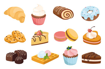 Desserts and sweets design elements set. Collection of croissant, muffin, roll, donut, cookies, cake, pie, waffles and more confectionery. Illustration isolated objects in flat cartoon style