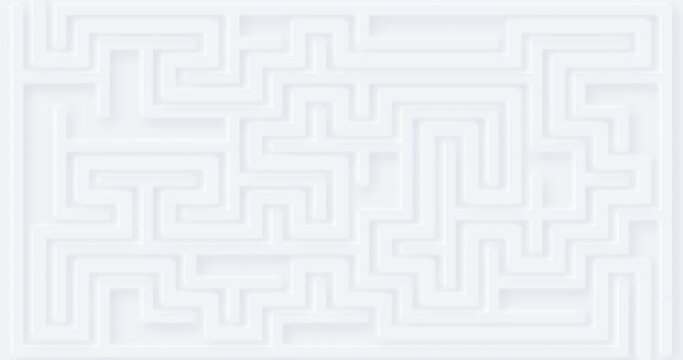 4k white maze with dynamic solution line. Abstract animation with soft shadow. 3d labyrinth pattern. Neumorphism ui style. Light grey wallpaper motion design. Blank animated illustration for business