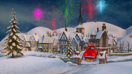 Santa Claus Christmas 3d rendering. Funny Santa Claus rides in a red car with gifts in a festive winter city. Fireworks.