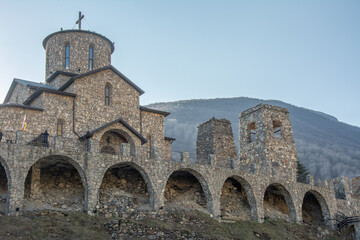 Naklejka premium Alan Assumption Orthodox Monastery of the Vladikavkaz Diocese of the Russian Orthodox Church in the village of Khidikus in the Kurtatinsky Gorge, Alagirsky District of North Ossetia, Russia
