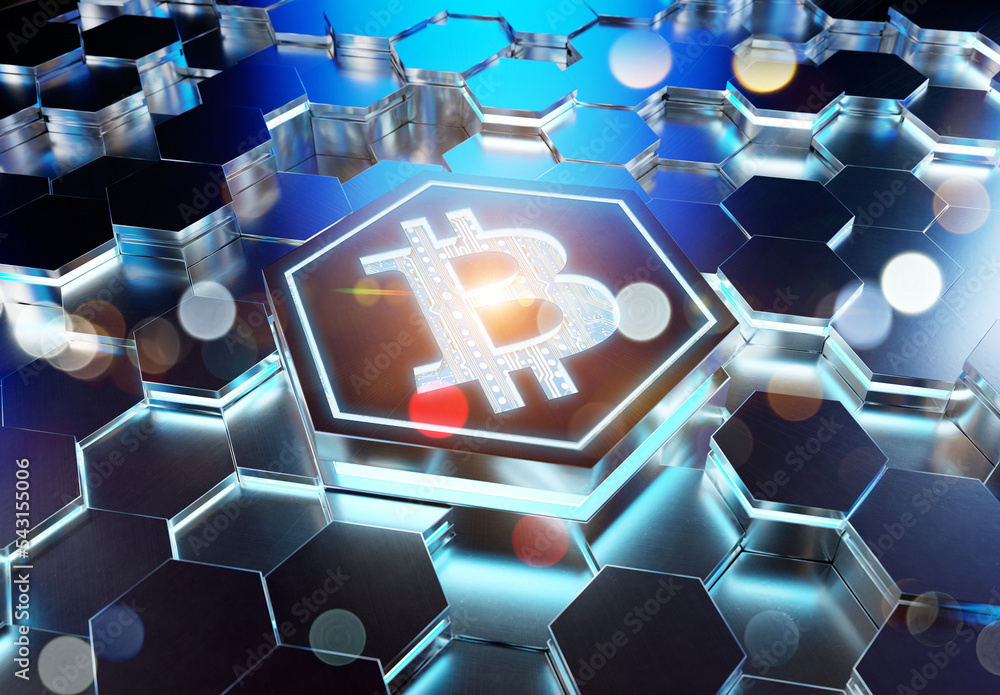 Poster Bitcoin icon creativity concept engraved on metal hexagonal pedestral background. Crypto currency symbol glowing on abstract digital surface. 3d rendering