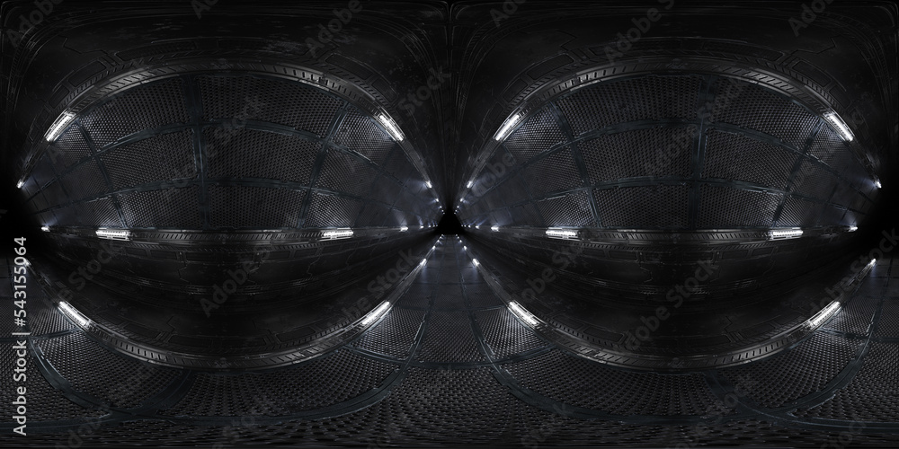 Poster Futuristic Hdri interior corridor with white neon lights. 360 degree panoramic view of triangle shaped spaceship background. Cyber room environment with tunnel and lit path. 3d rendering