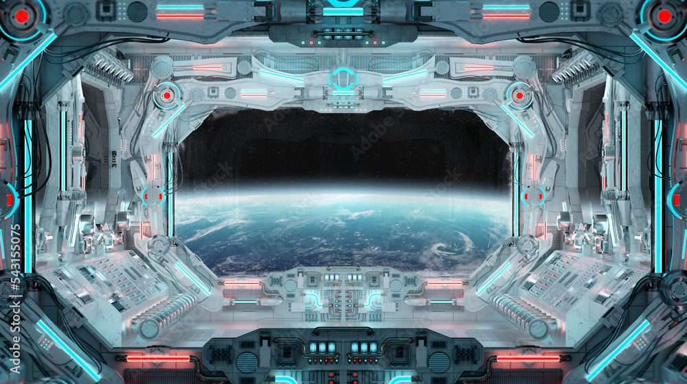 Poster white spaceship interior with glowing blue and red lights. futuristic spacecraft with large window v