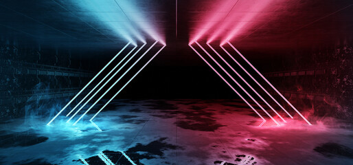 Obraz premium Cyber neon laser Interior. Garage room hangar with sci fi glowing blue red tubes. Futuristic dark tunnel warehouse with metal panels wall lighted with lights. Construction 3d Rendering