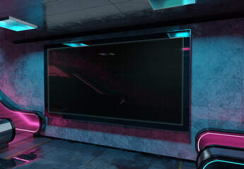Panoramic billboard on underground subway Mockup. Hoarding advertising hanging on glowing neon interior 3D rendering © sdecoret