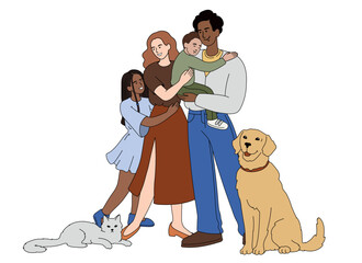 Flat smiling parents and children embracing each other. Happy family together with domestic pets. Father hold baby son in arms. Warm embrace or parental love cartoon vector illustration concept.