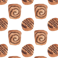 Hand drawn watercolor delicious cookie pattern, yummy seamless background. Food illustration.