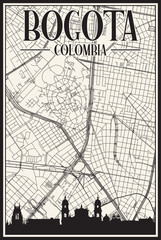 White vintage hand-drawn printout streets network map of the downtown BOGOTA, COLOMBIA with highlighted city skyline and lettering