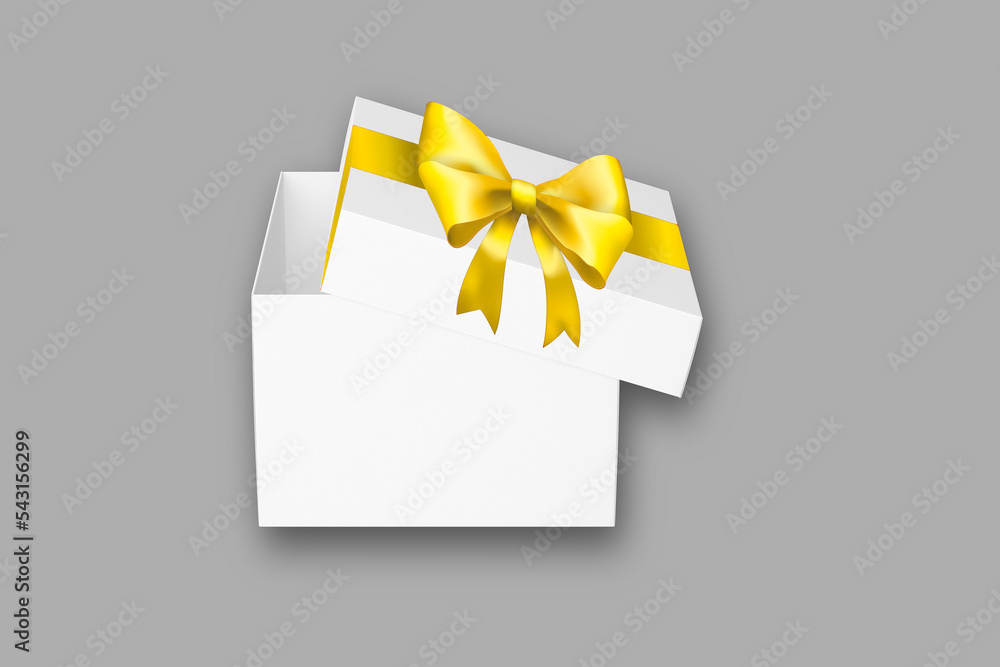 Poster white box with yellow ribbon bow mockup isolated on background.3d rendering.