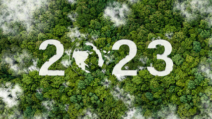 2023 New Year concept for Sustainable environment development goals on Top view of nature. SDGs,...
