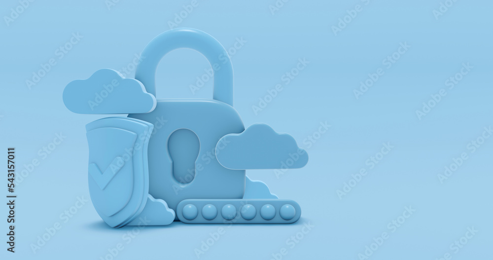 Poster concept security shield lock and check mark. cloud blue pastel style icon. colorful background for c