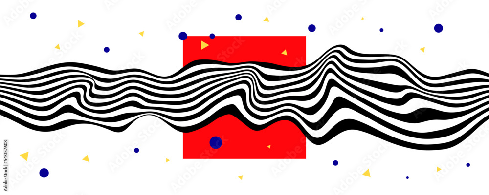 Poster abstract optical illusion wave on geometric background. a flow of black and white stripes forming a 