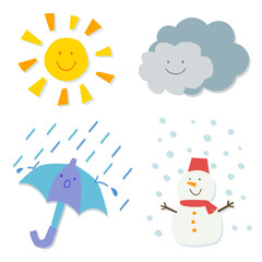 天気マークのセット（晴れ・曇り・雨・雪）
