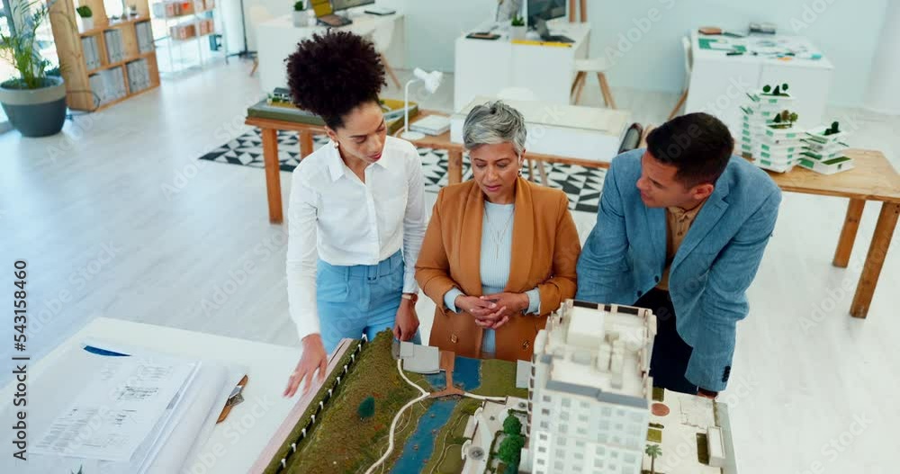 Poster Engineering, meeting and architecture team with a model of a 3d office building or apartment building for illustration. Teamwork, collaboration and creative designers talking, coworking and planning