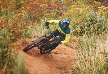 Mountain bike race, man and cycling adventure on dirt path, sand hill and speed challenge, sports...