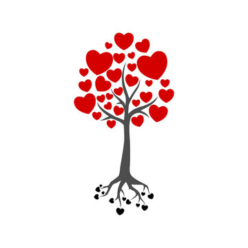 Love tree with heart leaves and root icon isolated on white background