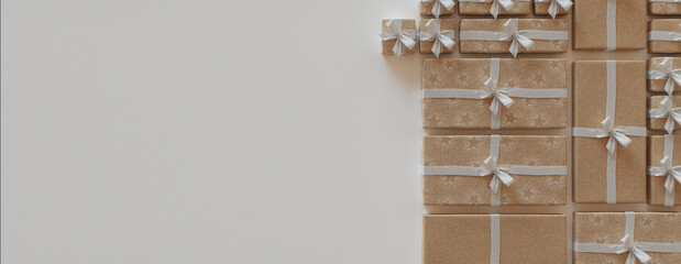 Trendy Brown and White Christmas Wallpaper with copy-space. Precisely arranged Festive Gifts form a Grid pattern. 