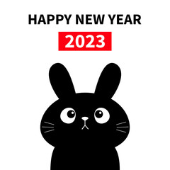 Happy Chinese New Year 2023. The year of the rabbit. Cute black bunny hare silhouette icon. Cute kawaii cartoon character. Happy Easter. Baby greeting card print. White background. Flat design.