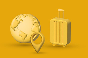3D rendering travel concept, pin point icon, globe and luggage for travel worldwide