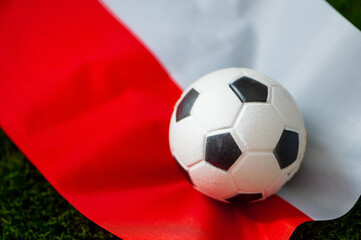 Poland national football team. National Flag on green grass and soccer ball. Football wallpaper for...