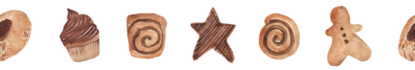 Border with cookie. Watercolor hand drawn illustration of pastry. Baked sweet food for washi tape design, banner and ribbon.