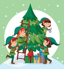 Christmas tree with elves cartoon character