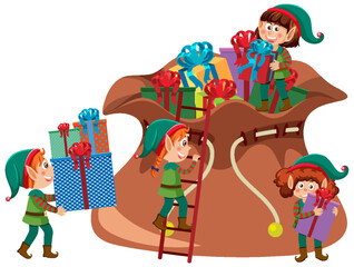 Naklejka premium Elves cartoon character with Christmas present