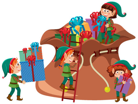 Elves cartoon character with Christmas present