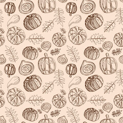 Seamless pattern with pumpkins for Fall on white and beige striped background. Cut pumpkins. autumn textile.