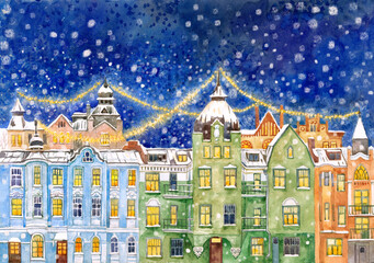 Christmas snow-coved city Helsinki. Europe. Winter. New Year. Old street Helsinki.