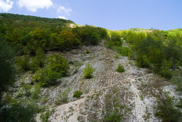 Fototapeta na wymiar Veduta dal sentiero (Orrido di Cupi di Fiamma) sul Monte Nerone