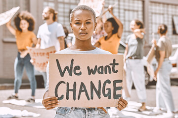 Black woman, protest group and sign about peace, justice and gender equality in SA for political...