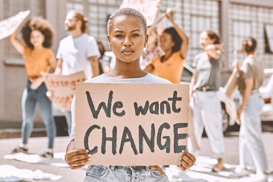 Black woman, protest group and sign about peace, justice and gender equality in SA for political leadership. Freedom, human rights and activist marching against climate change, racism and corruption