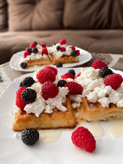 Delicious and beautiful breakfast. Waffles with cottage cheese cream, seasonal berries and topping. A healthy dessert.