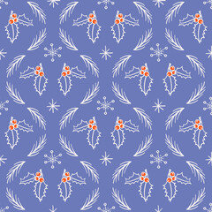 Cute Christmas background. Seamless doodle style pattern with Winter decorative elements. Damask pattern. Vector illustration for wrapping paper, fabric, textile, scrapbook paper.