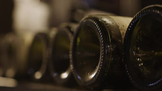 Close up of the bottom of 5 bottles of vintage wine caked in dust from the long process of maturing